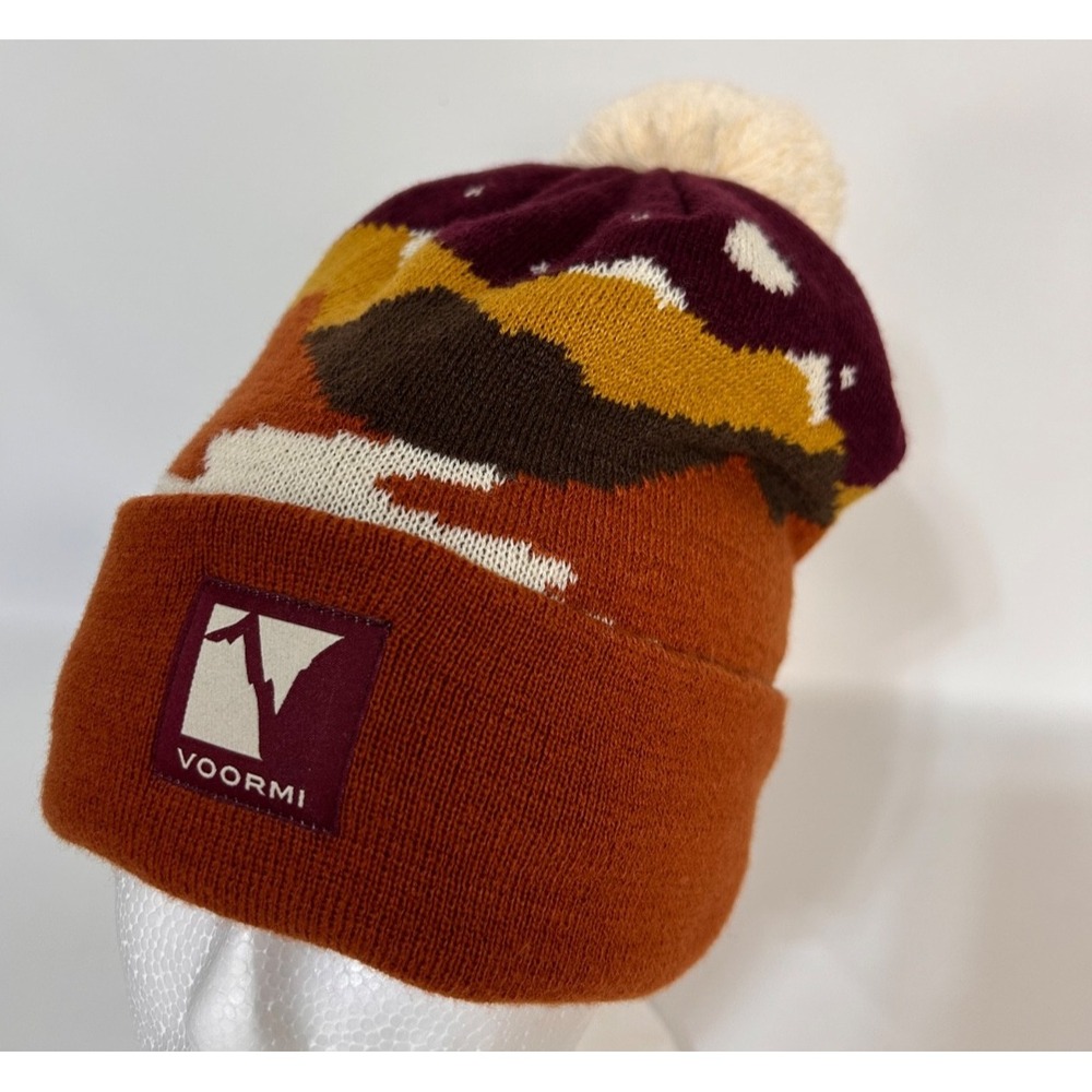 Voormi Pom Pom Knit Fleece Lined Mountains Burnt Orange Beanie Ski Hat a5